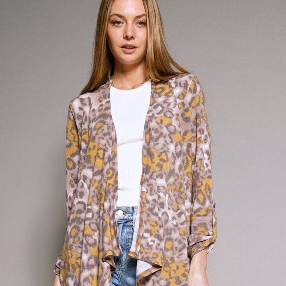 MYSTREE Leopard Print Waterfall Cardigan Brown Mustard Draped Open Front - Picture 2 of 8